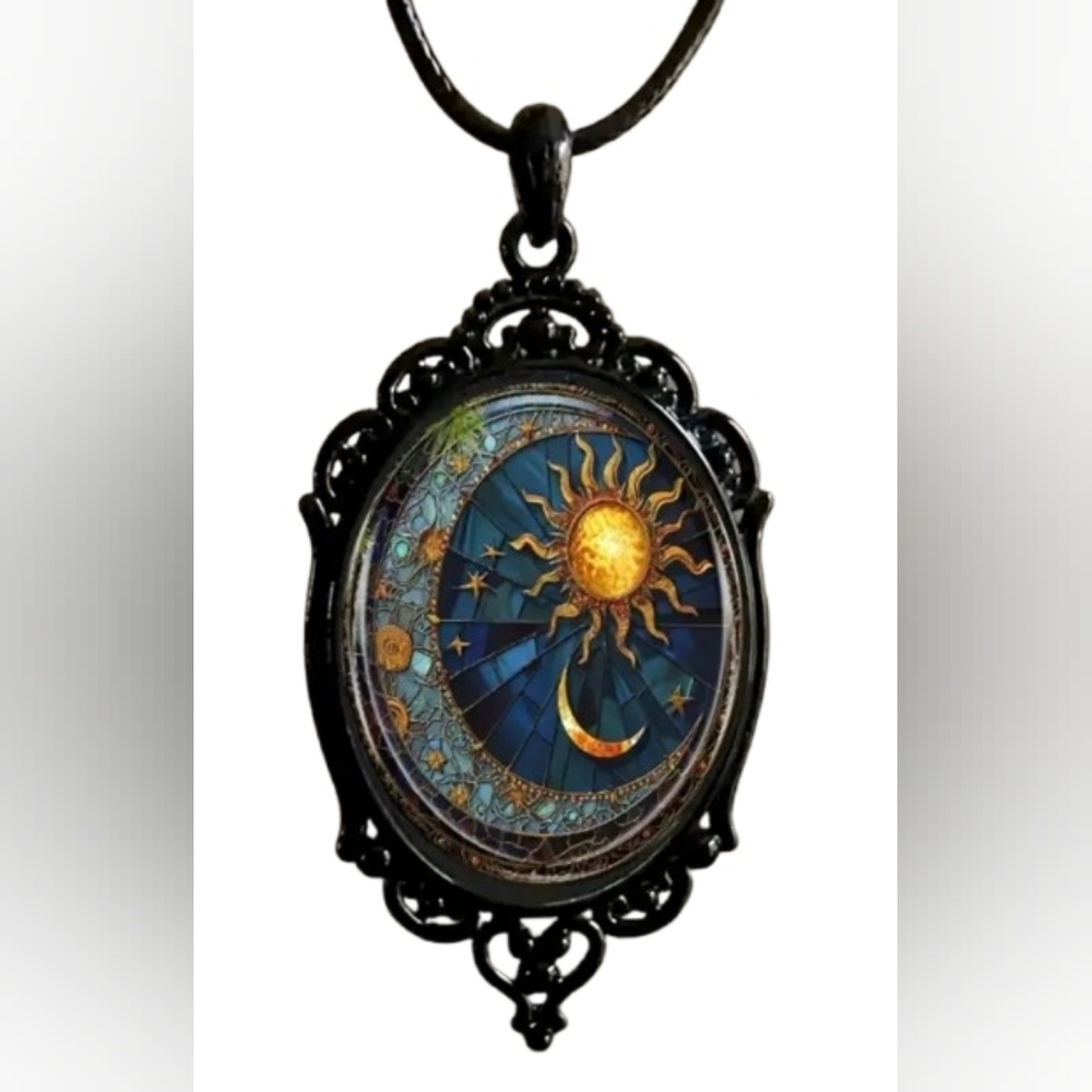 Boho Sun & Moon Pendant Necklace Celestial Goddess Art  Adjustable Cord